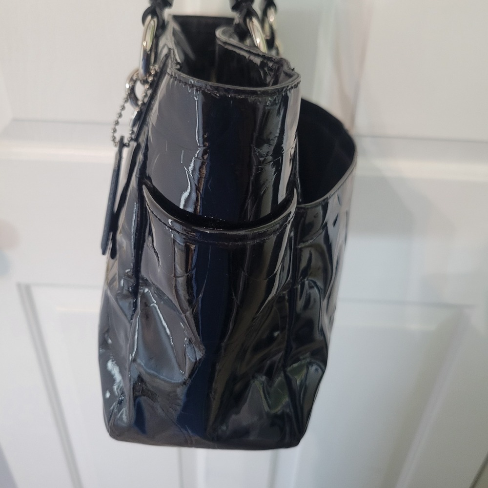 Vintage Coach Patent Leather Tote Purse Black Signature C Monogram Shoulder Bag - Picture 16 of 16